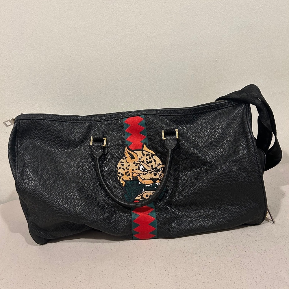 Sprayground Black Duffel Bag with Leopard Patch